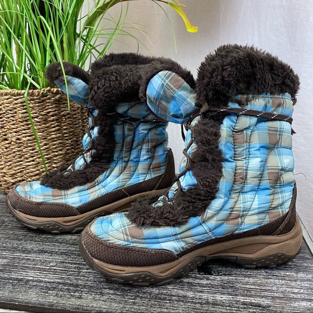 The North Face Nuptse Girl’s Blue & Brown Plaid Fur Trim Lace Up Snow Boots 4